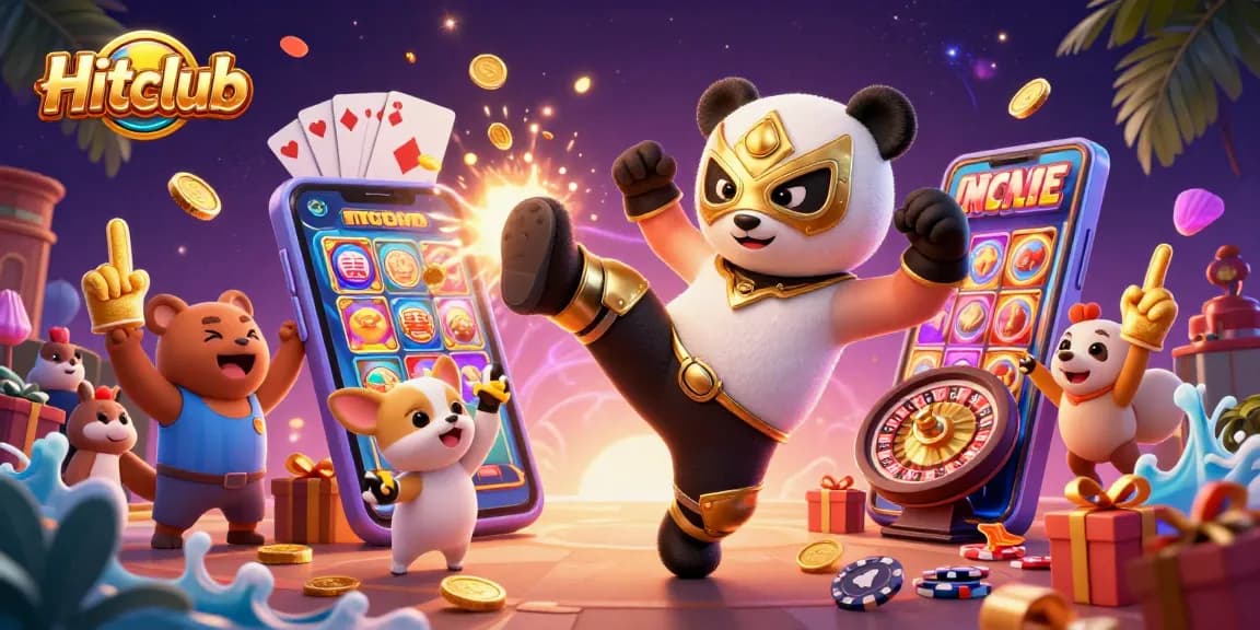 Hitclub showcases a dynamic scene with a wrestler panda and cheerful spectators enjoying a slot game.