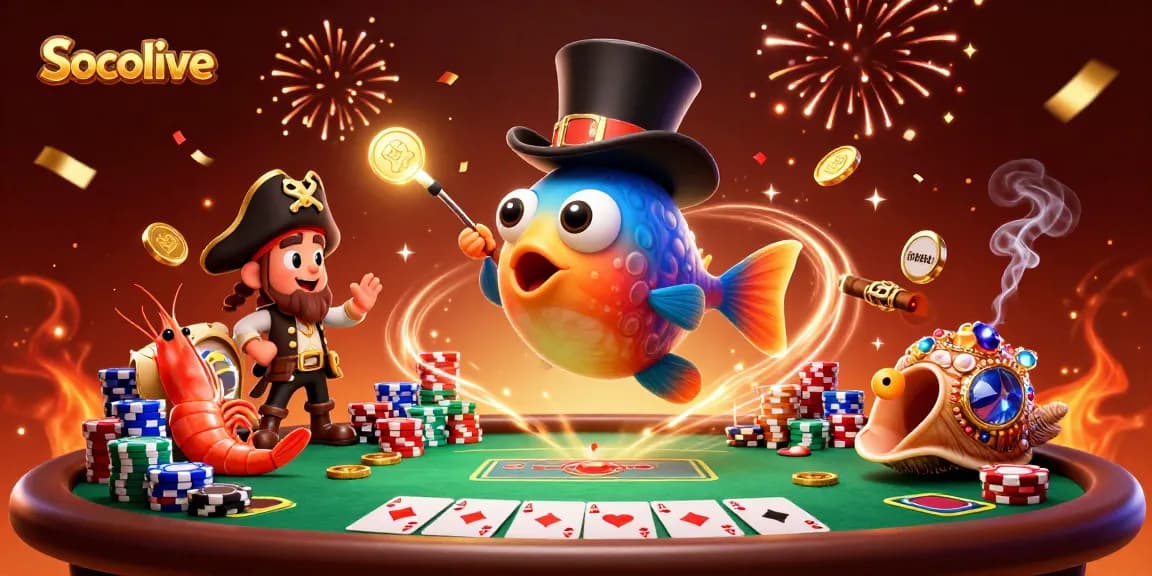 Socolive captures excitement with animated anglerfish and gold coins amidst a lively poker atmosphere.