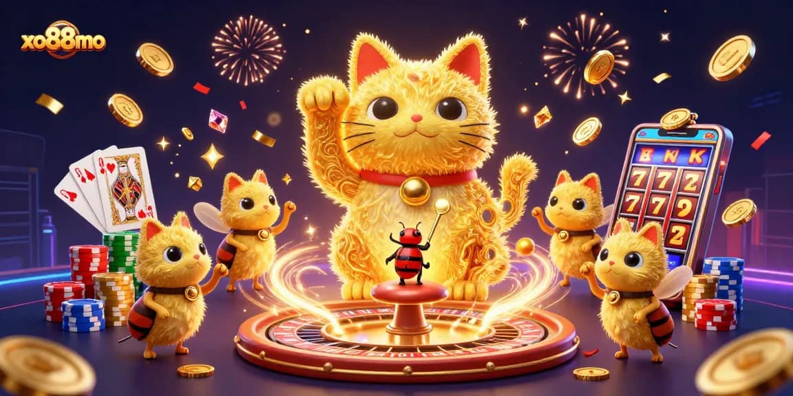 Play exciting games at xo88mo with golden fireflies, lucky cats, and casino symbols. Join now!