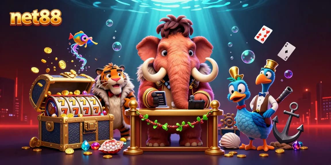 Experience the excitement of net88 casino with a vibrant scene featuring unique characters and animated gaming elements.
