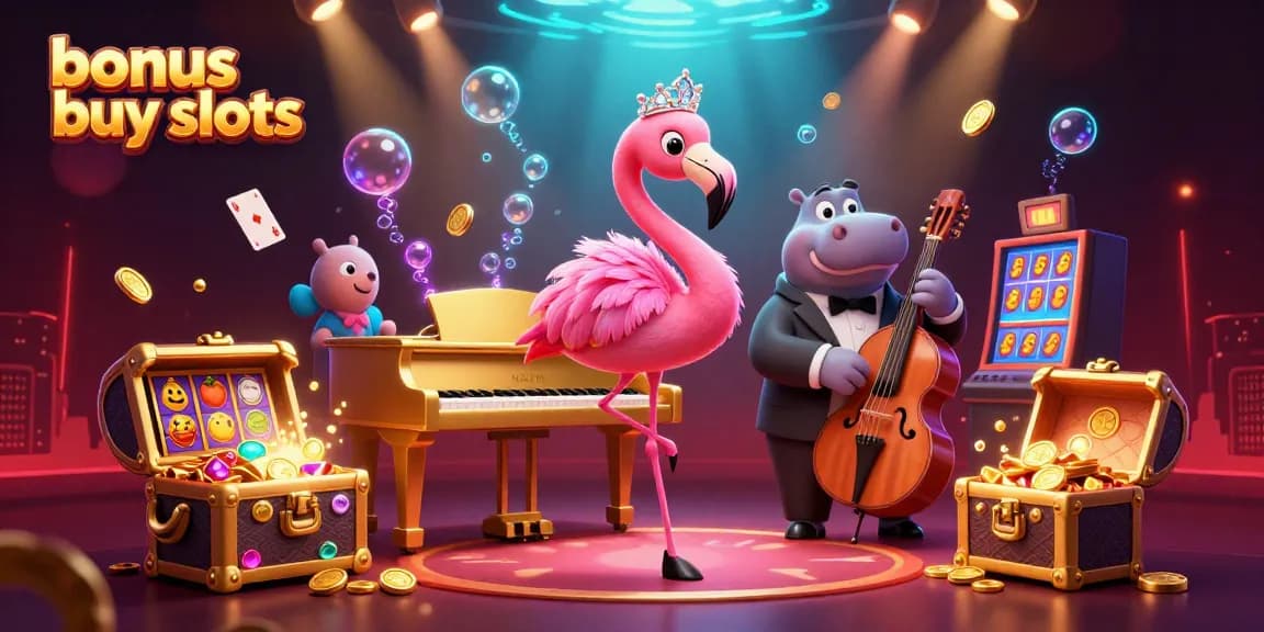 Experience thrilling bonus buy slots with vibrant 3D characters in a casino scene.