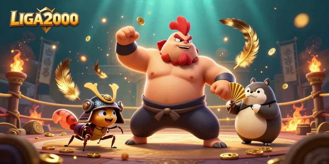 Scene slot LIGA2000 yang menarik menampilkan seekor ayam jantan sumo yang heroik dikelilingi oleh kegembiraan dan hadiah berkilau.