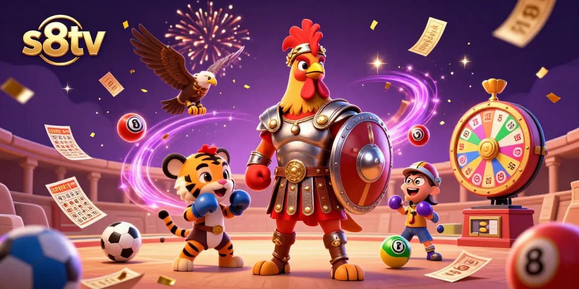 Experience thrilling sports betting excitement with s8tv showcasing an epic scene of a gladiator rooster and sports elements.