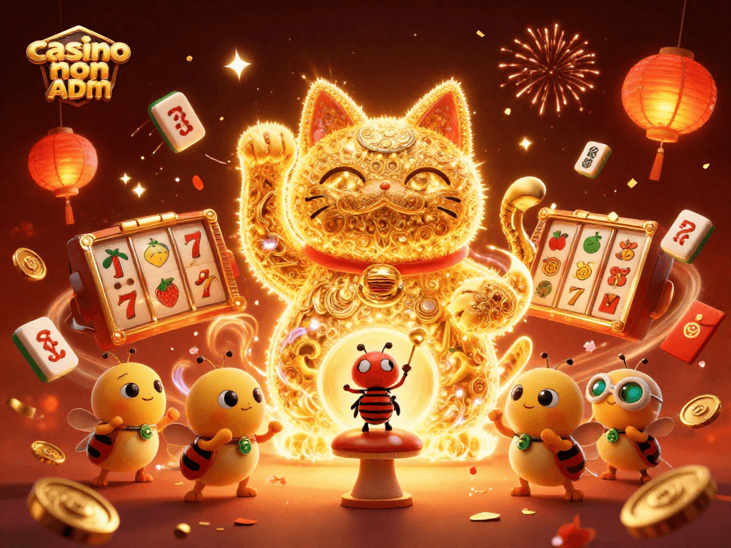 Gioco d'azzardo al casino non ADM con simboli e un gatto fortunato al centro.