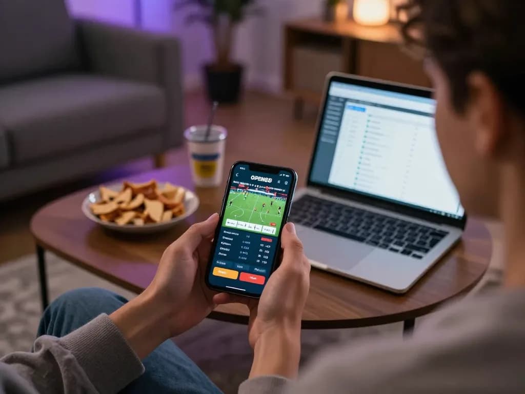 Engaged user placing bets on the OPEN88 app inside a cozy living room.