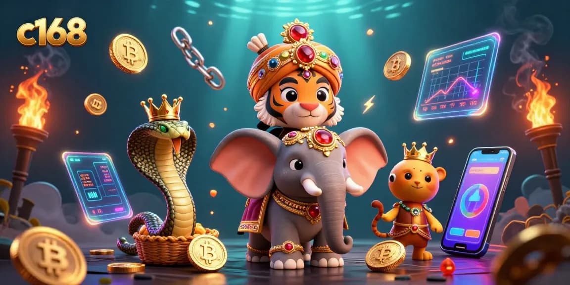 C168 immersive gaming scene featuring a jewel-encrusted elephant and crypto elements in dynamic casino atmosphere.
