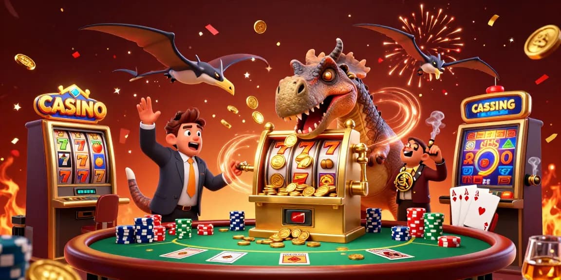CASINO sign as a pachycephalosaurus triggers jackpot coins, with dynamic poker elements.