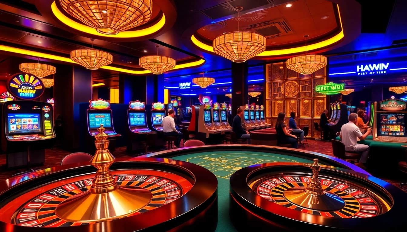 Players engaging with vibrant slot machines and poker tables at Haywin casino, showcasing excitement in gambling.