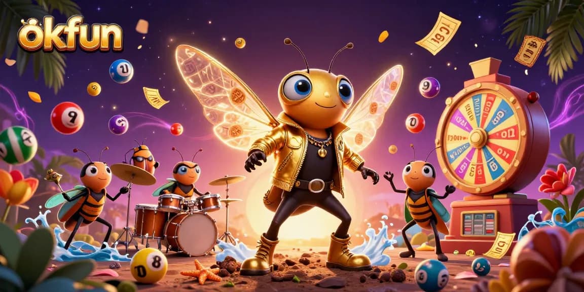 okfun features a vibrant casino scene with a rock star cicada, lively game elements, and rich atmosphere.