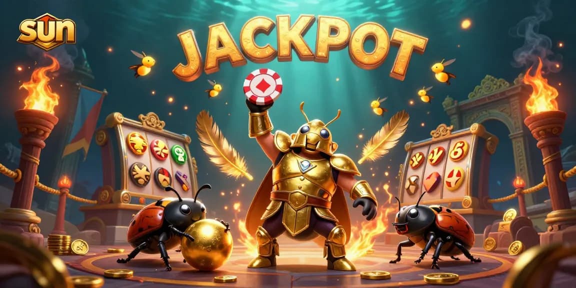 Experience thrilling sun slot wins with a hercules beetle champion, vibrant jackpot, and golden coins.