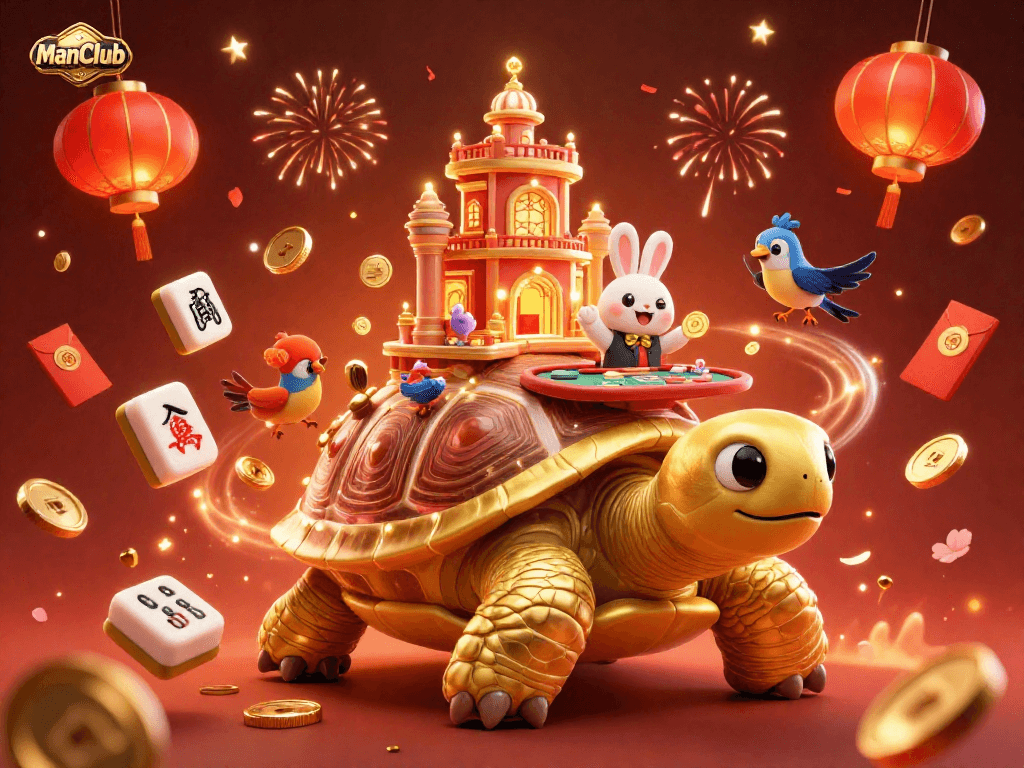 Experience exhilarating gaming with ManClub's vibrant casino scene featuring a tortoise, a rabbit dealer, and golden treasures.