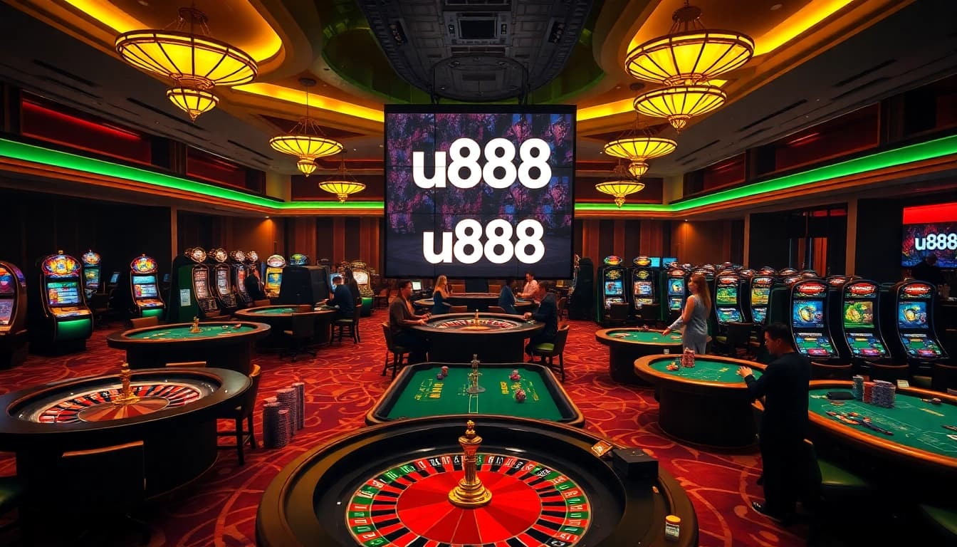 Players enjoying exciting games at u888 casino with vibrant tables and slot machines.