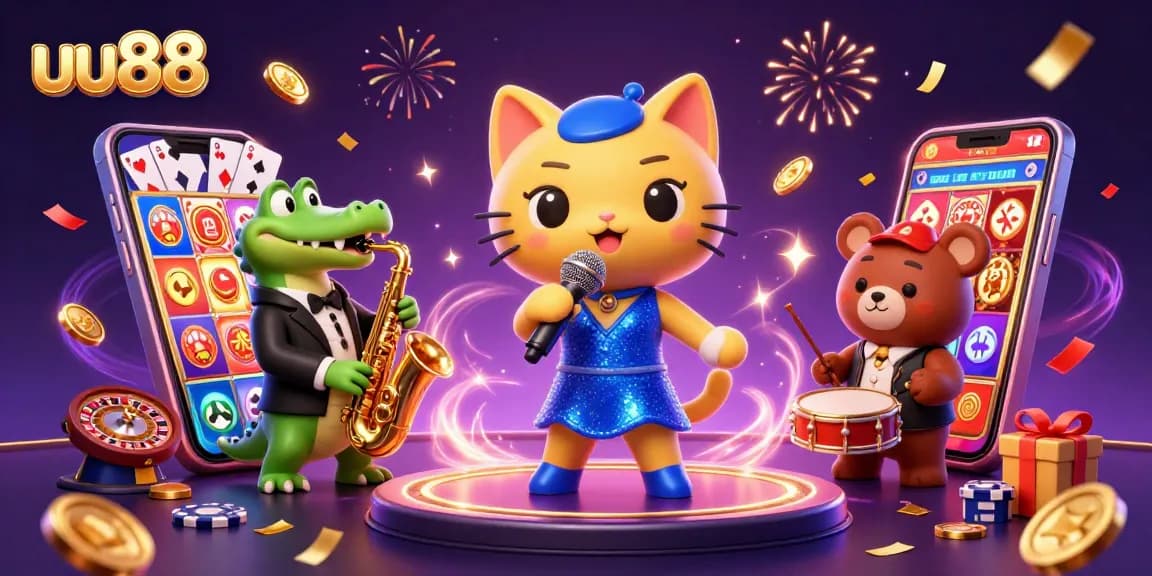uu88 brightens the casino scene with a jazzy cat, crocodile, and bear, illustrating vibrant online gaming fun.