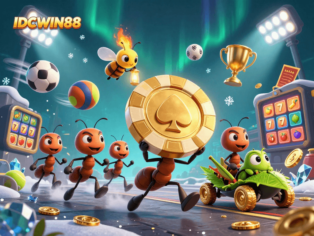 Engage in thrilling gaming with IDCWIN88's dynamic 3D scene showcasing ants on a poker heist.