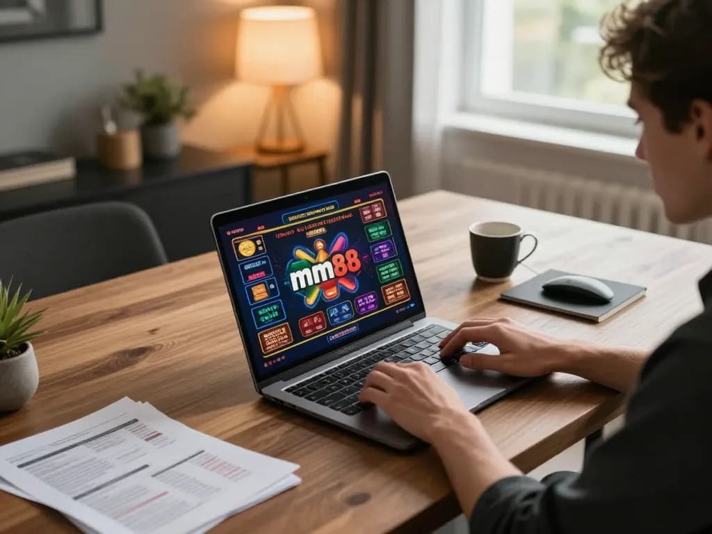 Player engaging with mm88 online casino on laptop, showcasing vibrant game graphics and a cozy setup