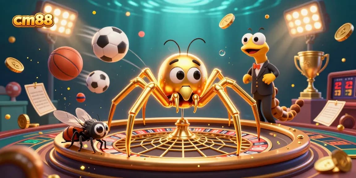 Experience the thrill of cm88 with an engaging scene of a golden spider spinning a roulette wheel.
