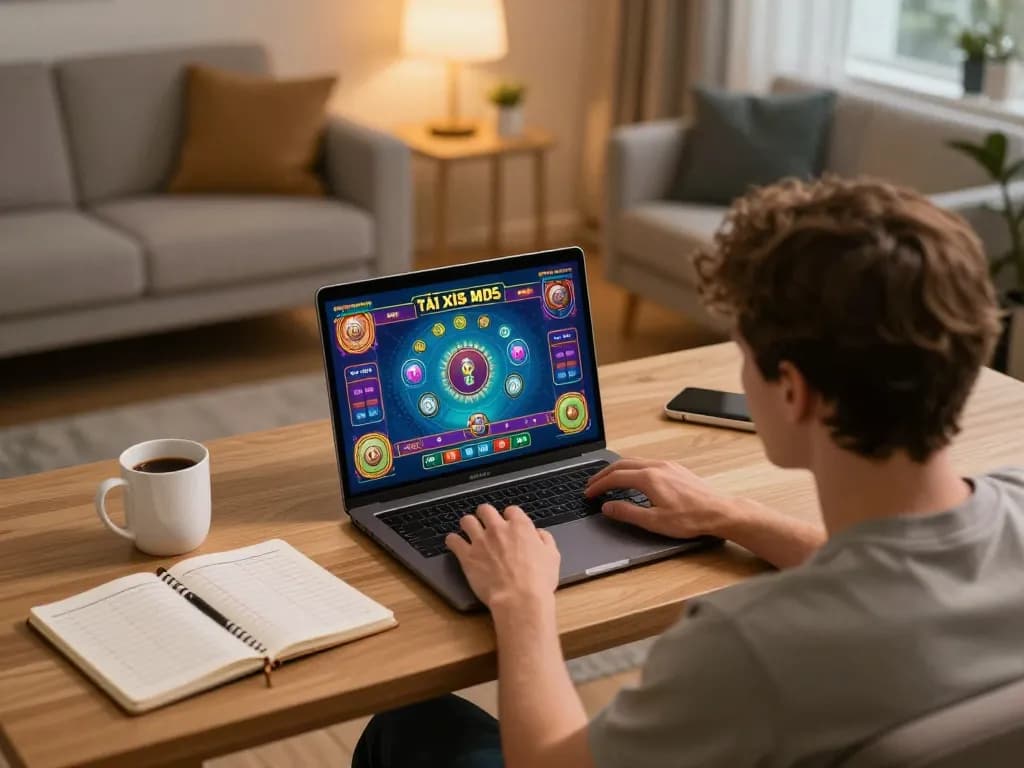Tài xỉu MD5 gameplay on laptop enhancing online betting strategy in a cozy home setting.