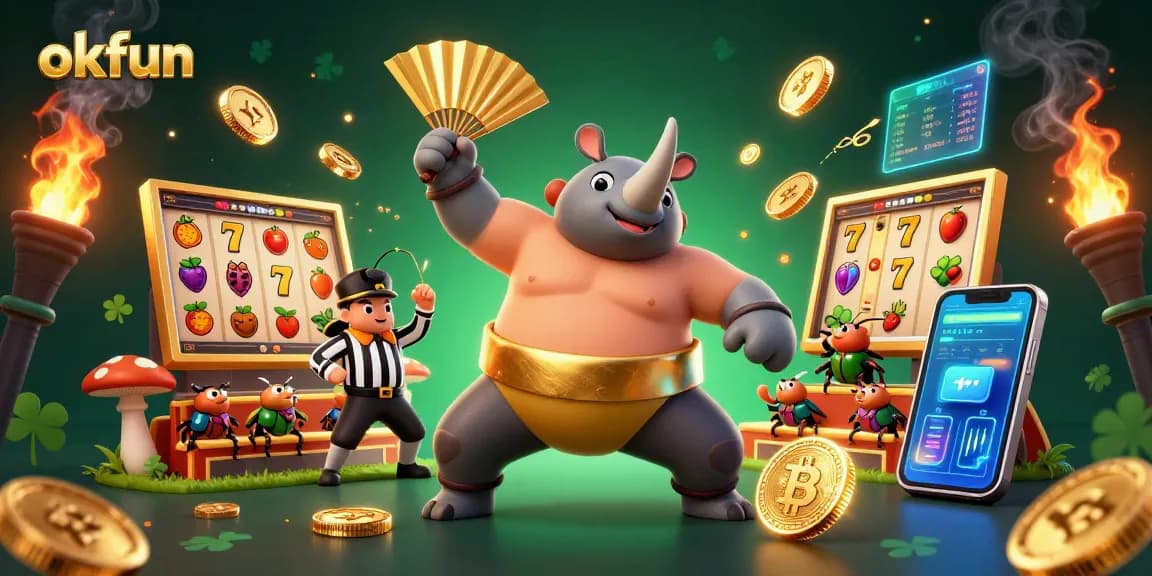 Experience the excitement of okfun casino with golden coins, vibrant slot symbols, and beetle champions!