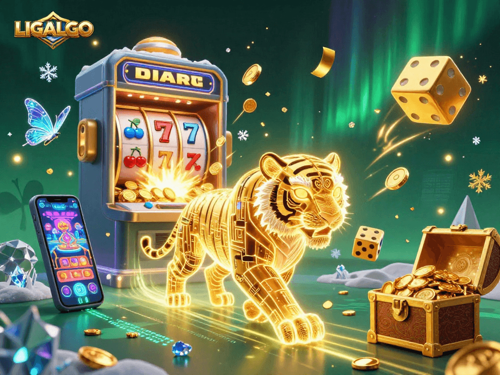 LIGALGO offers engaging gaming experiences with vibrant scenes of a golden tiger and dynamic slot machines in a digital casino.