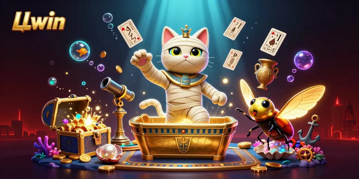 LLwin players experience excitement with a 3D mummy cat and treasure-filled jackpot scene.