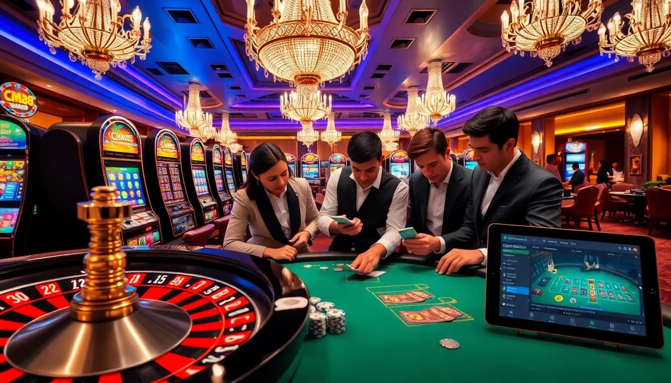 Engage with CM88 đăng nhập at a vibrant casino scene featuring poker, roulette, and diverse gamers.