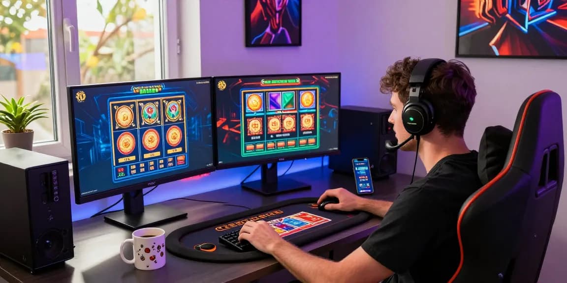 Engaging player enjoying online gaming at a stylish desk with casinos that accept credit cards.