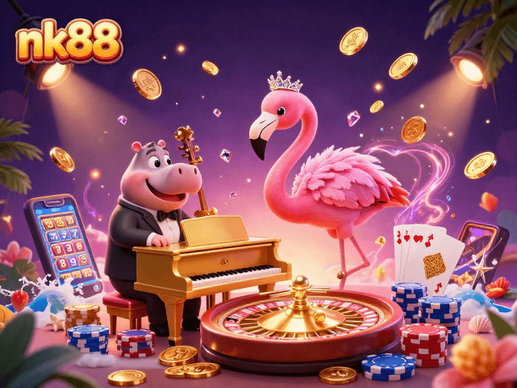 Join the excitement at nk88 casino with a colorful 3D illustration packed with vibrant gaming elements.