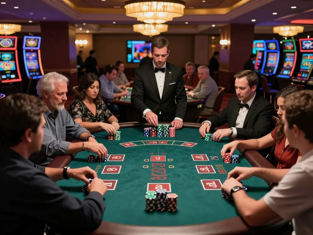 Players in an intense blackjack game at a casino table showcasing strategy with stacks of chips and professional dealer