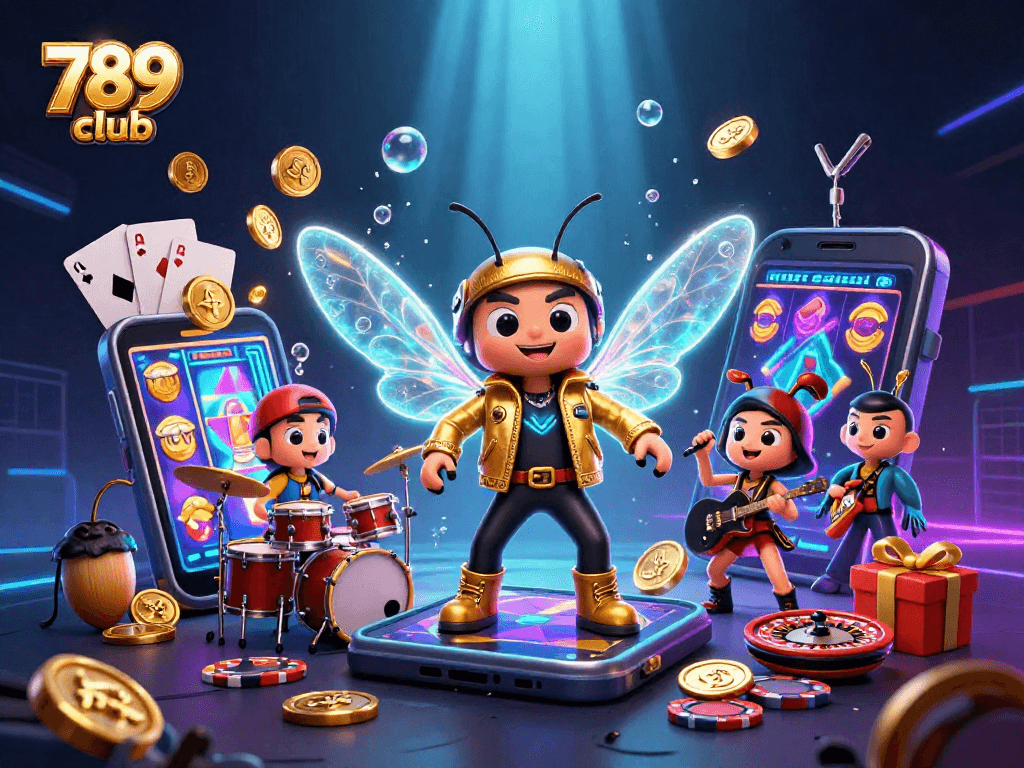 Experience thrilling excitement at 789 club with a dazzling casino scene featuring a rock star and vibrant game elements.