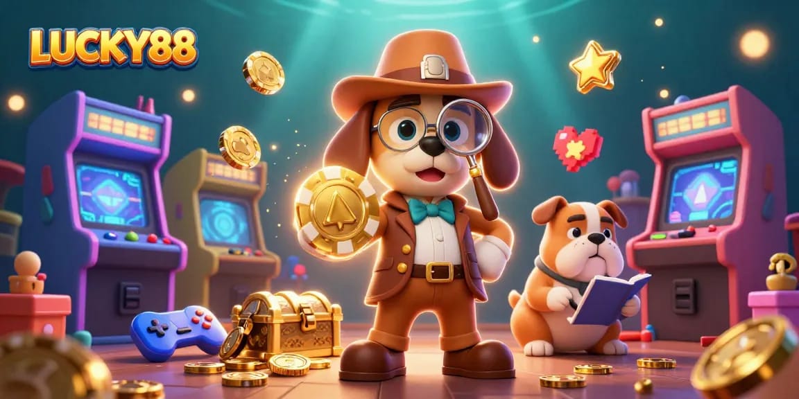 Experience the thrill of LUCKY88 with a vivid 3D casino scene featuring a detective solving poker clues.