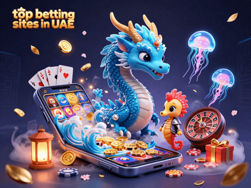 Engage with the top betting sites in UAE, featuring a vibrant underwater casino scene with an azure dragon and seahorse knight.