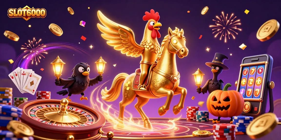 SLOT6000 unleashes excitement as a golden rooster rides through a casino surrounded by cascading coins and lights.