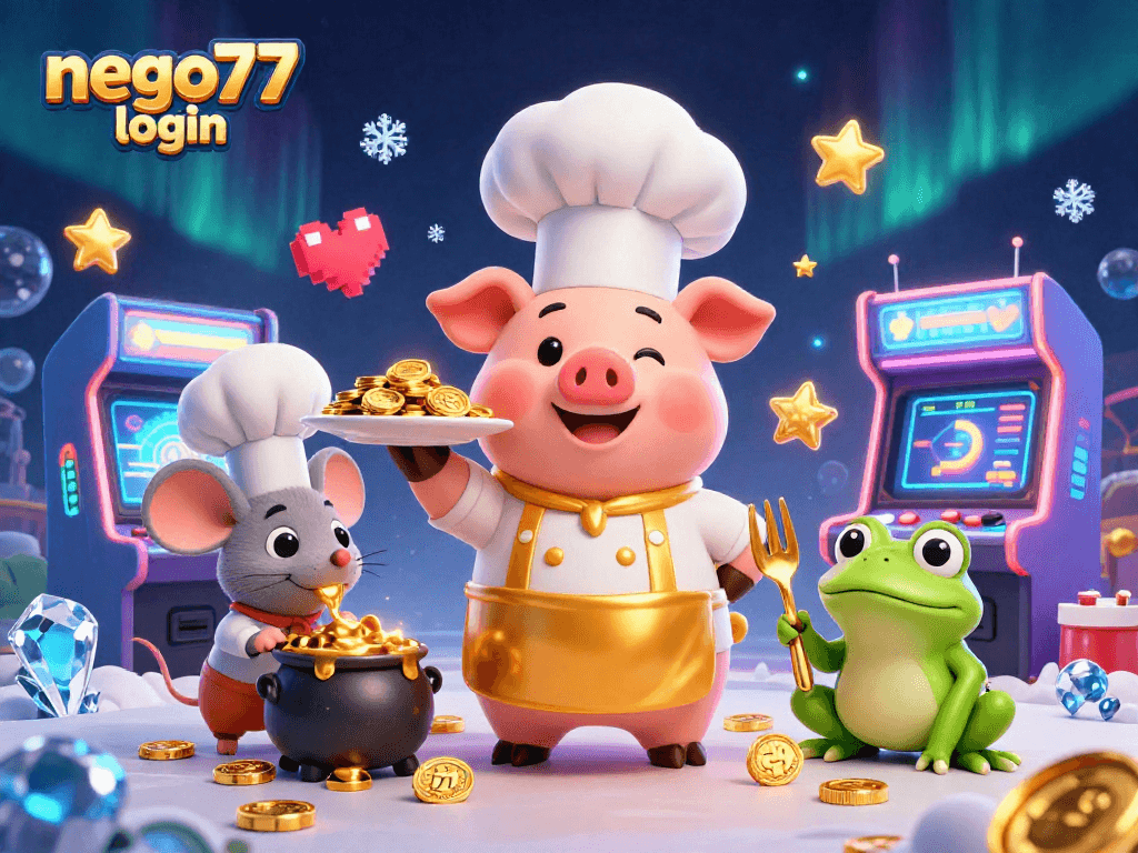 Experience the excitement of nego77 login through vibrant casino-themed 3D cartoon characters.