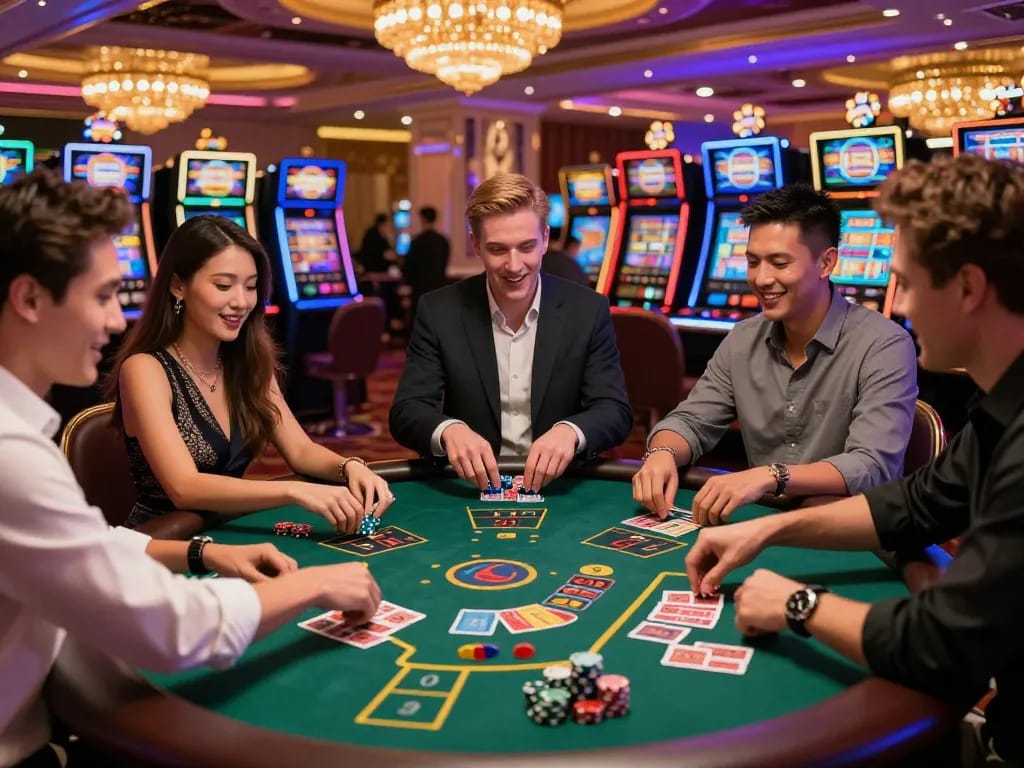 Casino Hong Kong vibrant gaming scene with players enjoying table games and neon lights creating a lively atmosphere