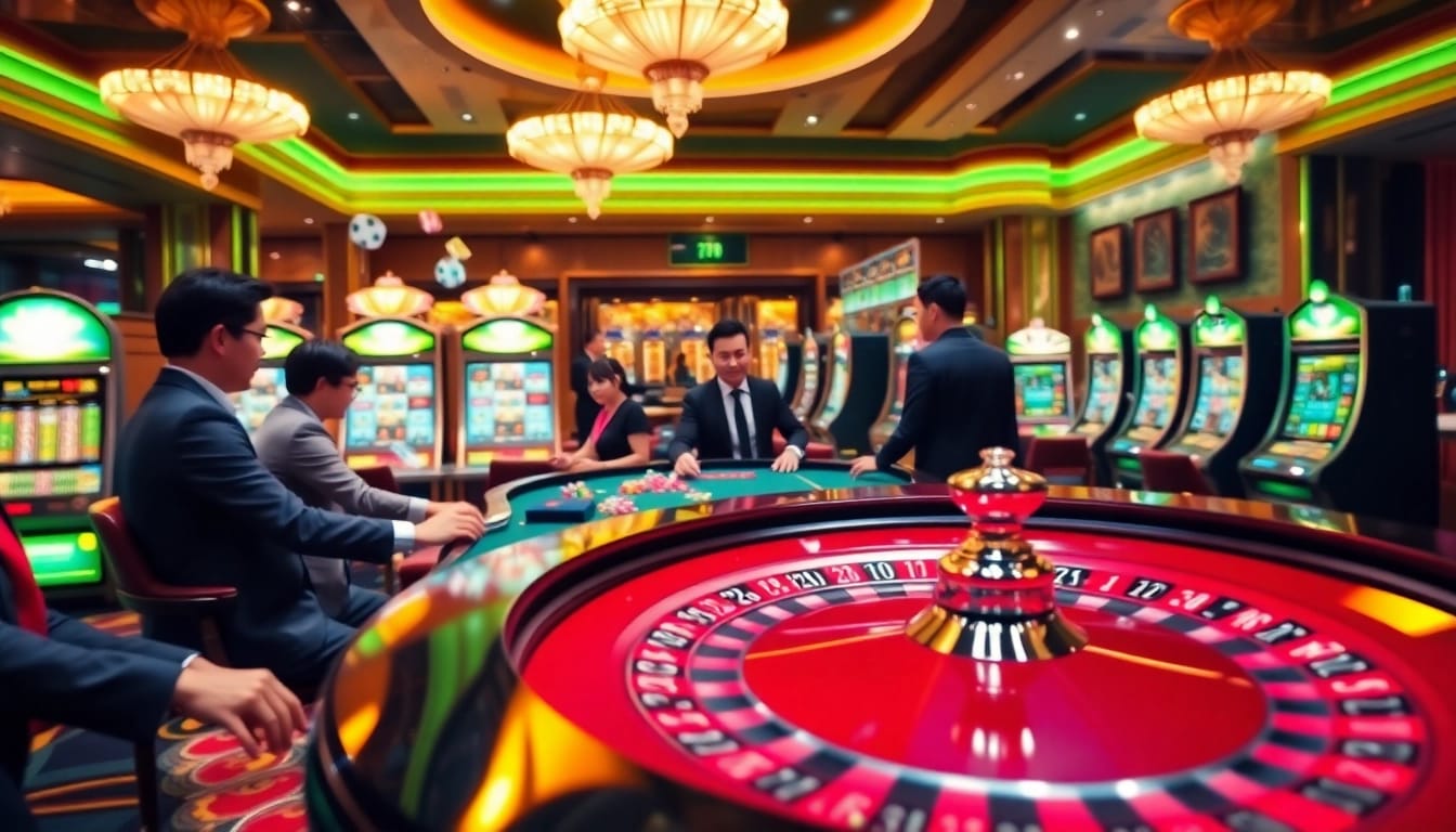 Kèo nhà cái betting action at a luxurious casino with vibrant roulette table and eager players.
