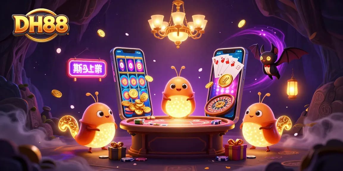 Experience the excitement of DH88 with glowing glowworms lighting a cave casino scene full of games and vibrant colors.