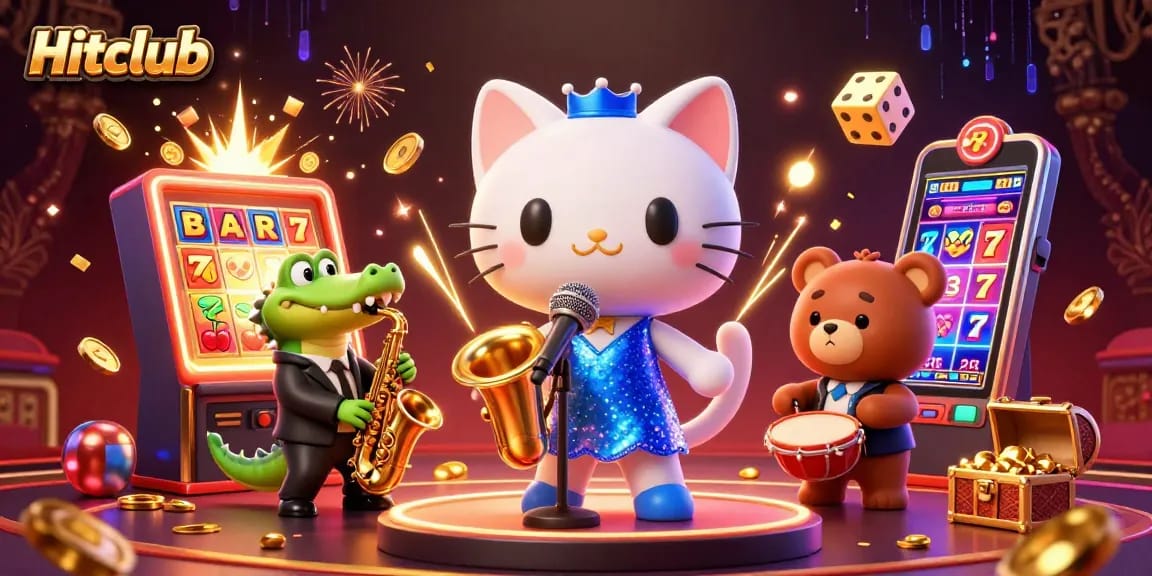 Hitclub slot-themed 3D illustration of a cat singer, crocodile saxophonist, and bear drummer