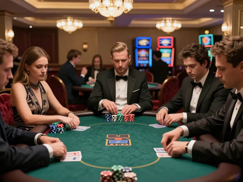 Players engaging in a high-stakes poker game at da88gg casino, showcasing strategic gameplay and luxury.