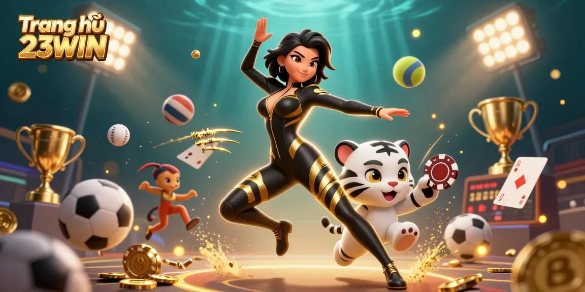 Engage with thrilling gameplay at Trang chủ 23WIN, featuring a stunning scene with a dynamic female character and a playful tiger.