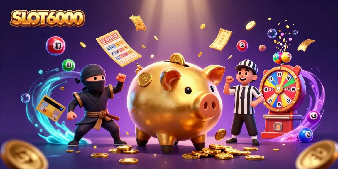 Spin to win with SLOT6000, featuring vibrant characters and casino elements in a dynamic scene.