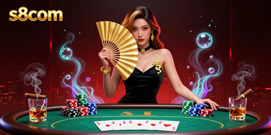 S8com presents a glamorous scene of poker excitement featuring a stunning Asian dealer amid vibrant chips and iconic game elements.