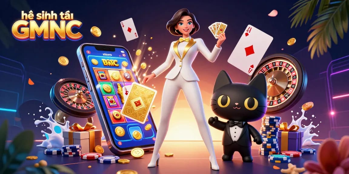 Experience the vibrant atmosphere of hệ sinh thái GMNC, as a stylish woman shuffles golden cards beside a playful tuxedo cat.