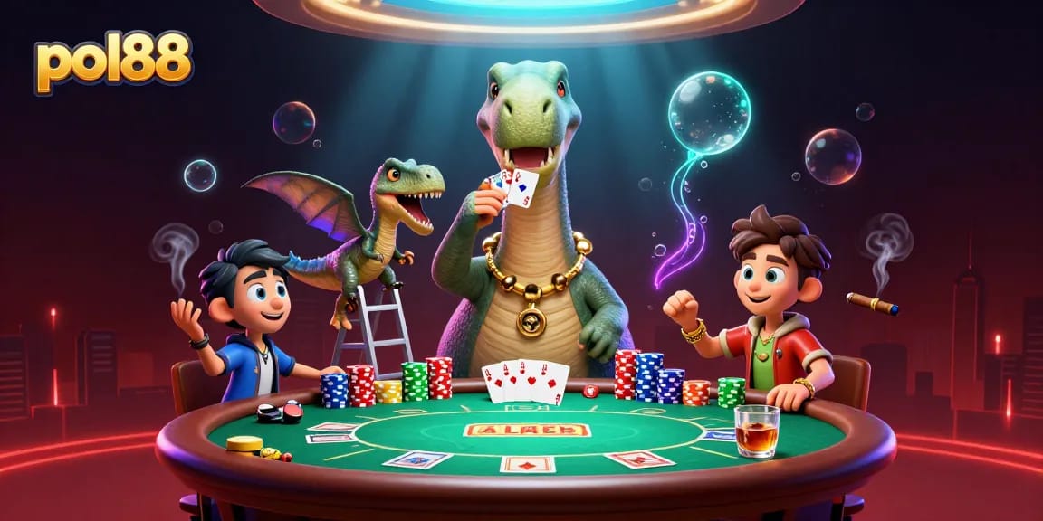 Gambar ilustrasi yang menggambarkan pol88 saat bermain poker dengan dinosaurus unik dan elemen kasino