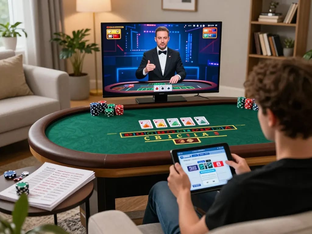 Engaging in a live dealer blackjack game on 79king with strategic betting and cozy home setup.