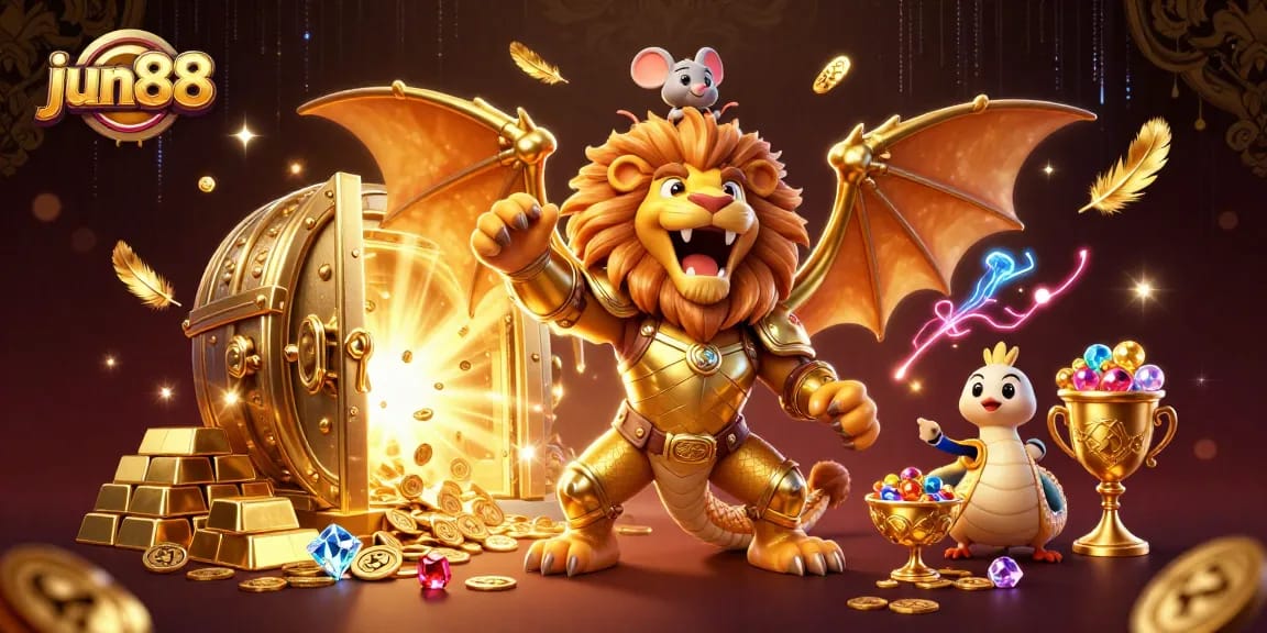 Experience thrilling wins with jun88 at a vibrant online casino filled with gold and treasures.