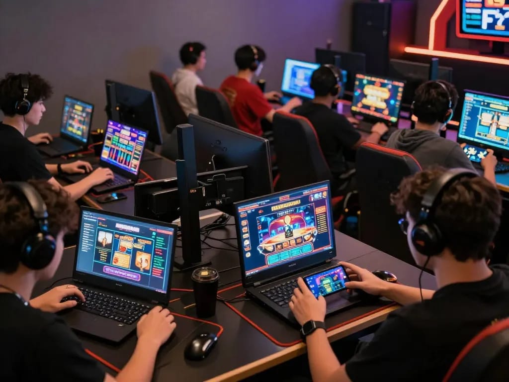 https://j188.store/ players engaging in online casino gaming across multiple devices in a modern setting.
