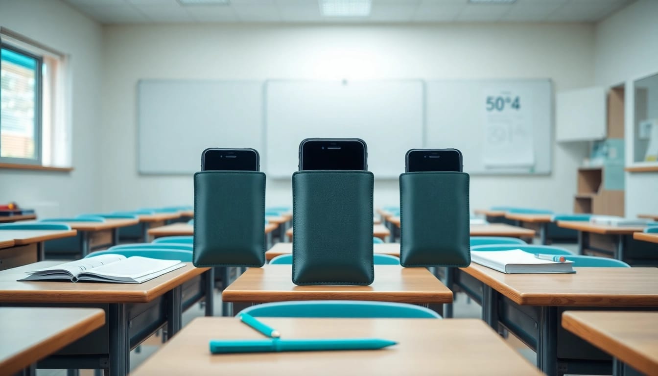 Handytasche Klassenzimmer mit stilvollem Design auf Schülerdesktops platziert.