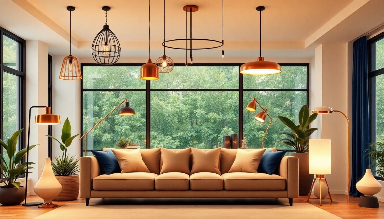 Shop ModernLighting with elegant fixtures illuminating a stylish living room.