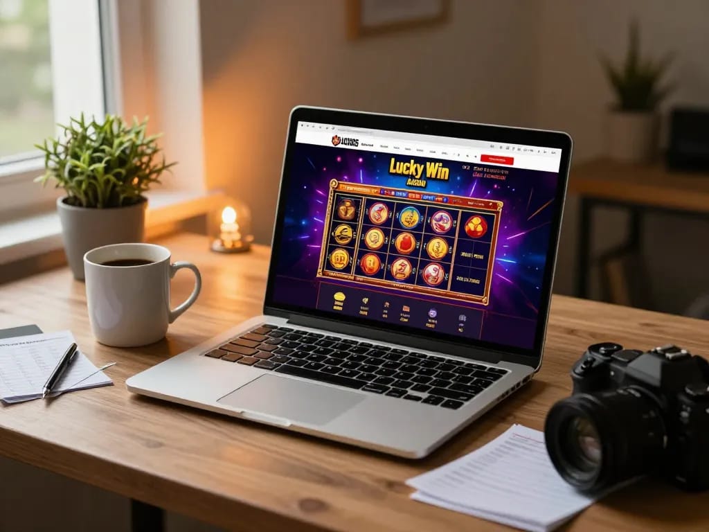 Engaging scene of Lucky Win online casino gaming with laptop and cozy atmosphere