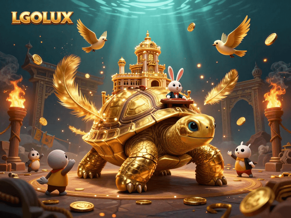 Experience thrilling gaming with LGOLUX featuring a golden tortoise casino and playful rabbit dealer.